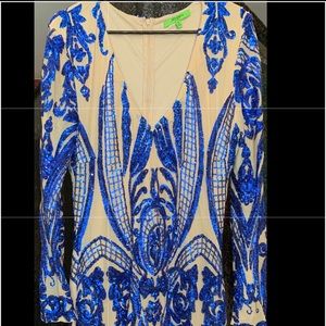 Royal Blue & Nude Sequin Knee Length Dress